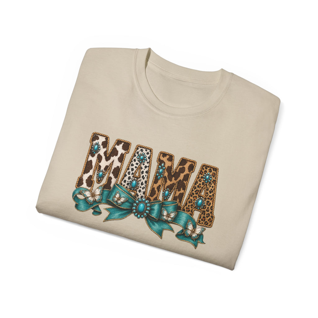 Mama Leopard Print Tee with Turquoise Ribbon — Mother's Day Graphic Shirt