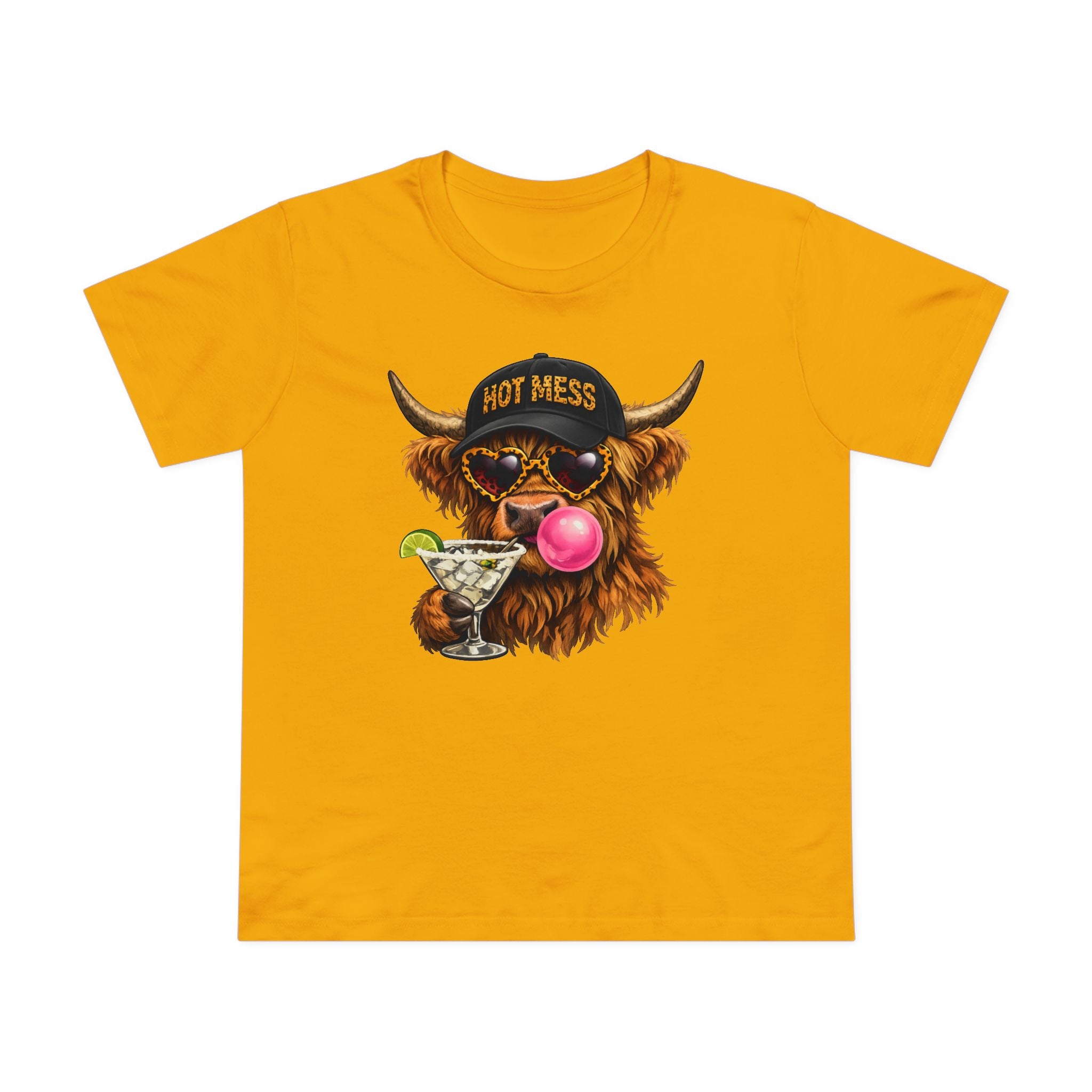 Women’s Tee — 'Hot Mess' Highland Cow Graphic Shirt with Margarita & Bubblegum